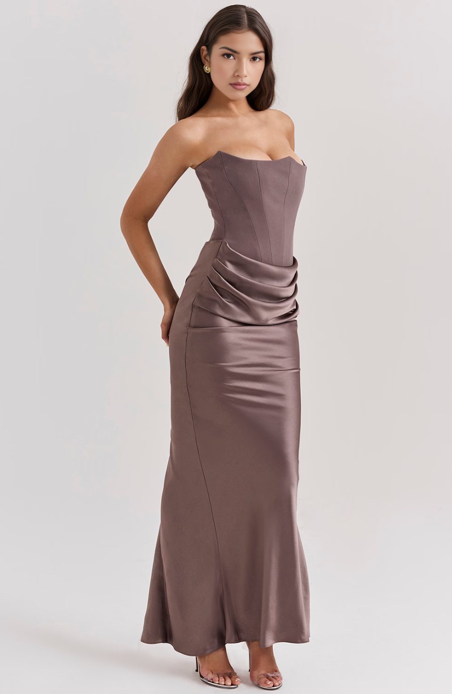 mauve strapless corset dress side view with satin skirt