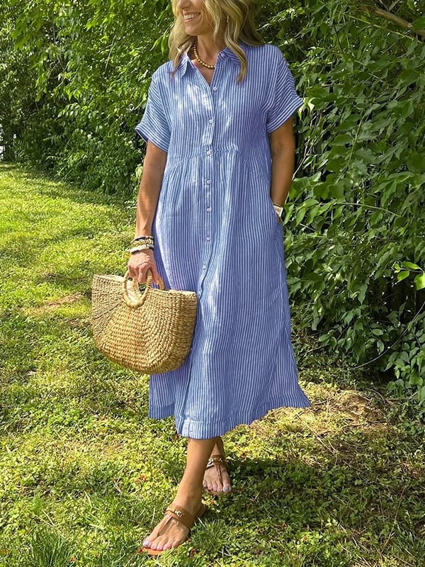 blue and white striped button-up shirt dress with short sleeves and collar