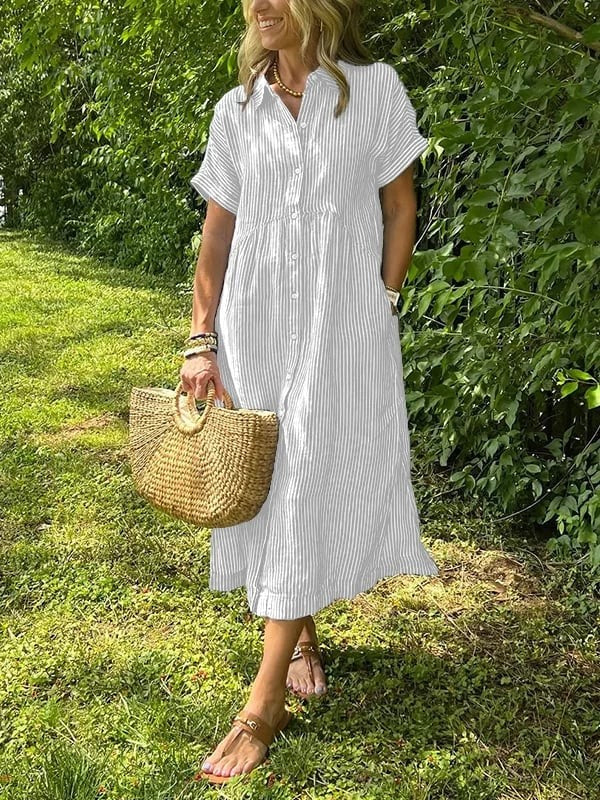 white striped button-up midi dress paired with straw handbag outdoors
