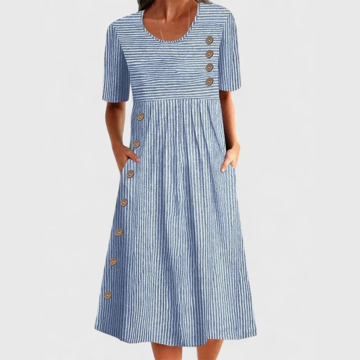 Blue and white striped midi dress with decorative button trim and pockets