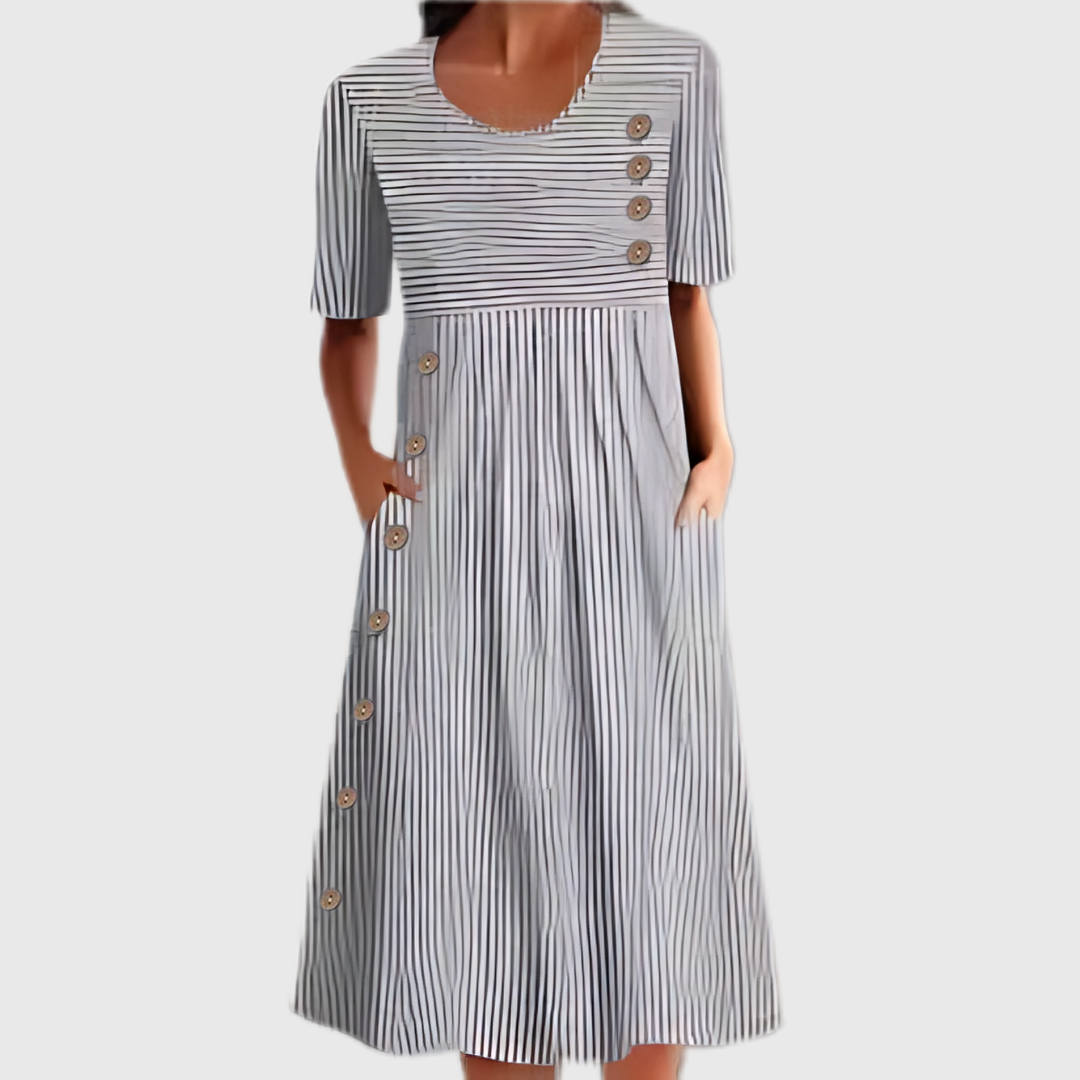 Gray striped midi dress featuring short sleeves and side button detail