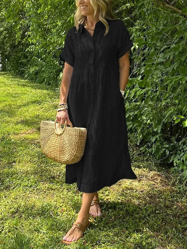 Black striped midi shirt dress with button front and short cuffed sleeves