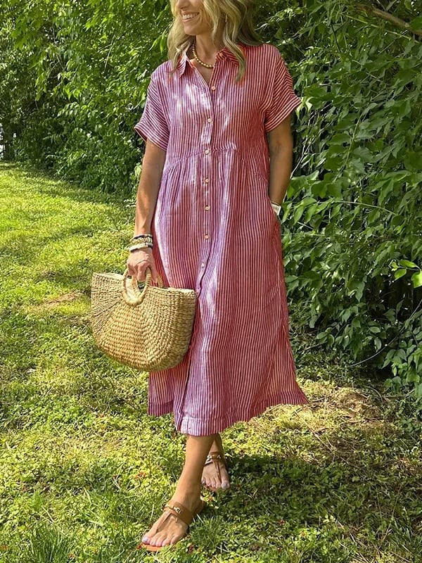 Red and white striped button-up shirt dress styled with straw tote bag