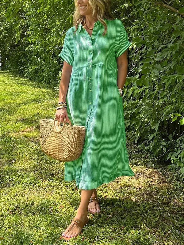 Green striped midi shirt dress featuring collared neckline and short sleeves