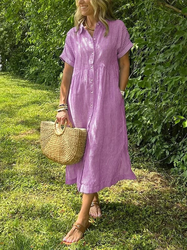 Pink and white striped button-up shirt dress with relaxed midi silhouette