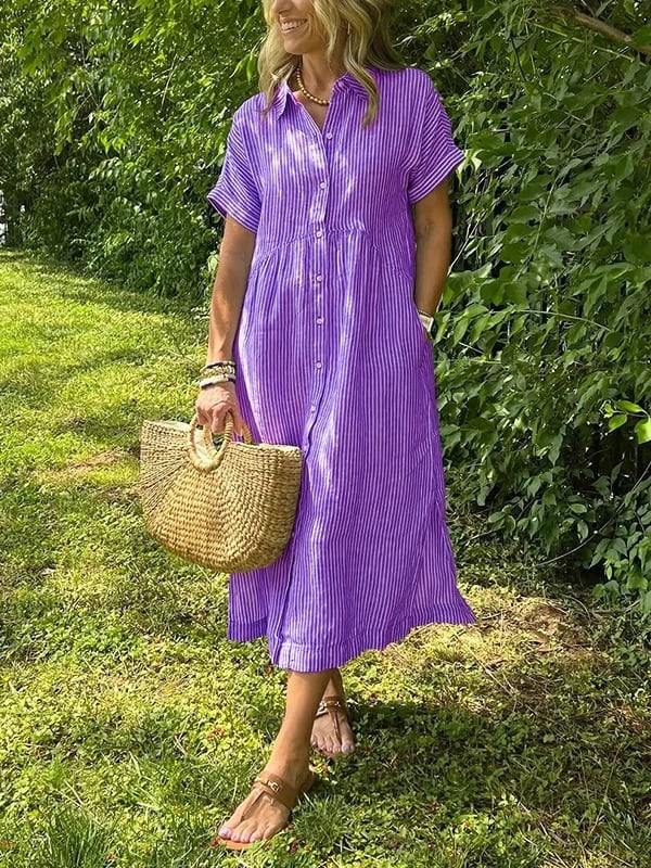 Purple striped midi shirt dress with button front and cuffed short sleeves