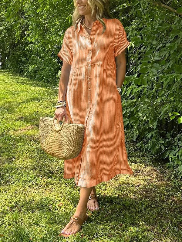 Orange and white striped midi shirt dress with collared button-front design