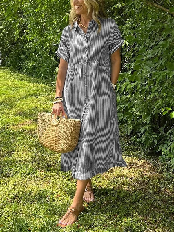 Grey striped button-up shirt dress with loose, flowing fit