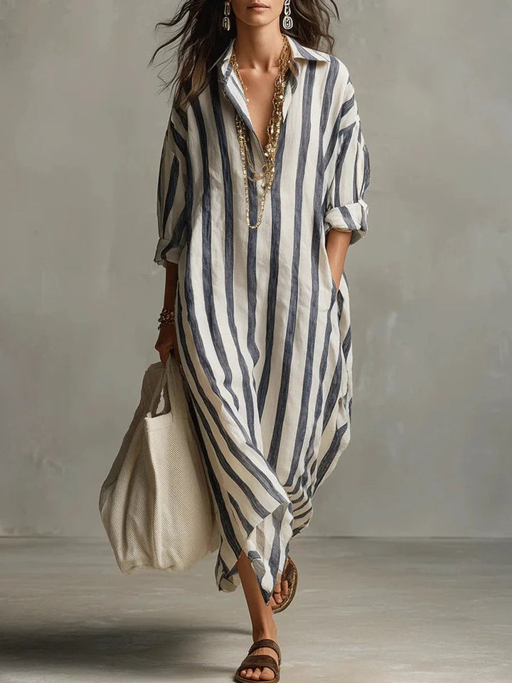 Navy and white striped linen maxi shirt dress with V-neck collar
