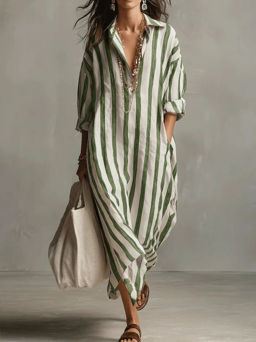 Green and white striped oversized linen shirt dress with V-neckline