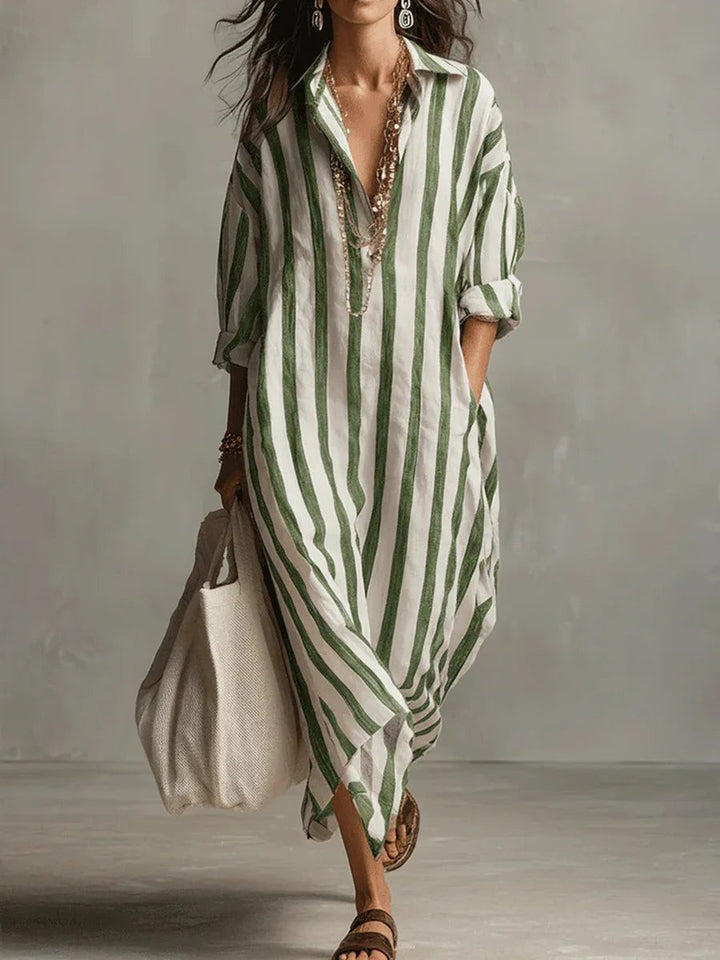 Green and white striped oversized linen shirt dress with V-neckline