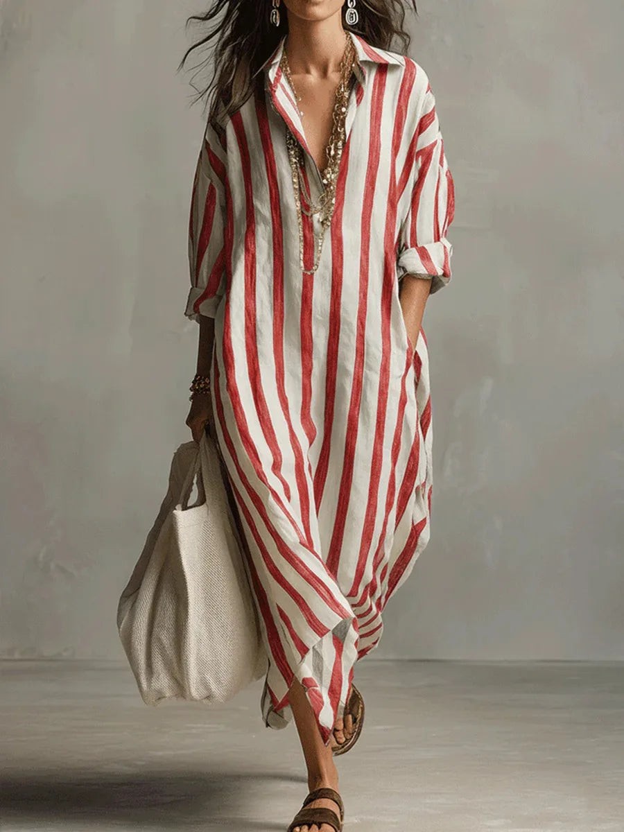Red and white striped linen maxi dress with button-down collar