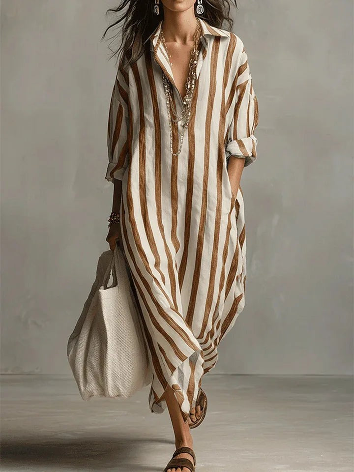 Brown and white striped linen shirt dress in relaxed maxi silhouette
