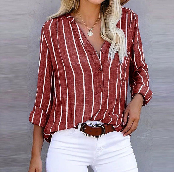 Rust red striped V-neck blouse with rolled long sleeves and chest pocket
