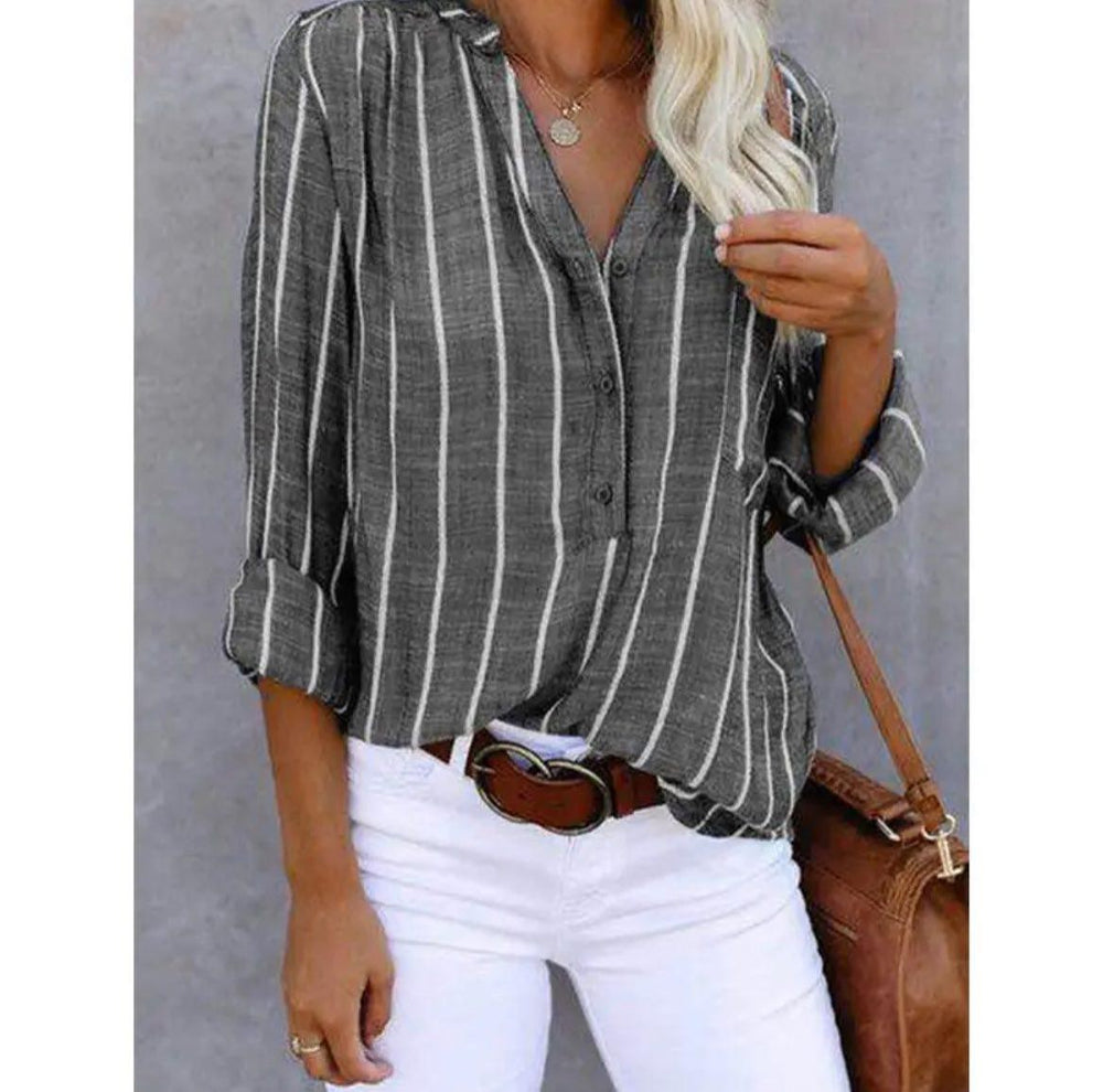 Gray striped button-down blouse with V-neck and rolled sleeves