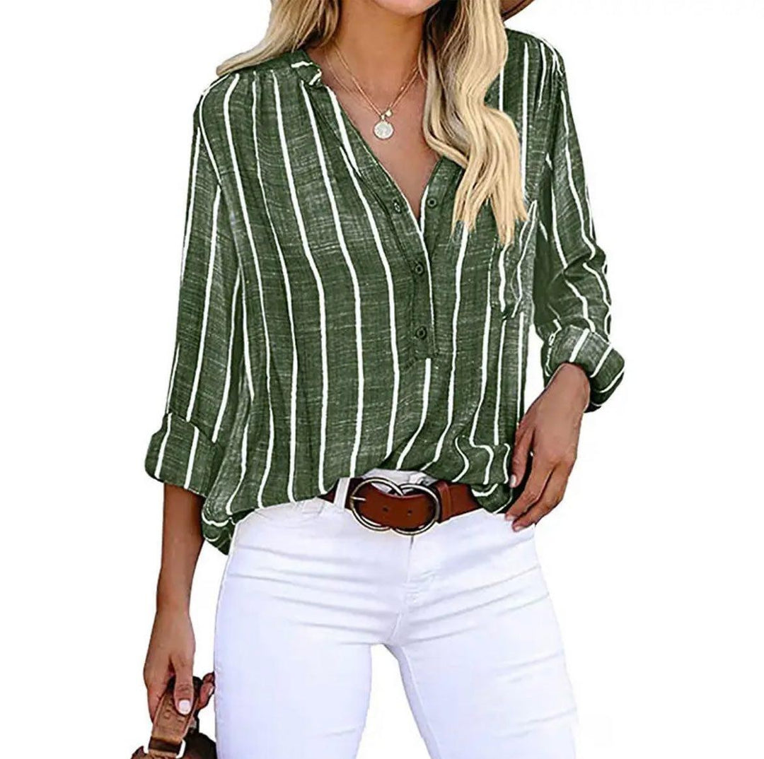 Olive green striped blouse featuring V-neck and long sleeves