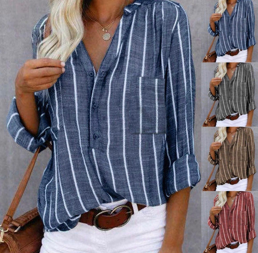 Striped V-neck blouse shown in four colorways including blue and rust