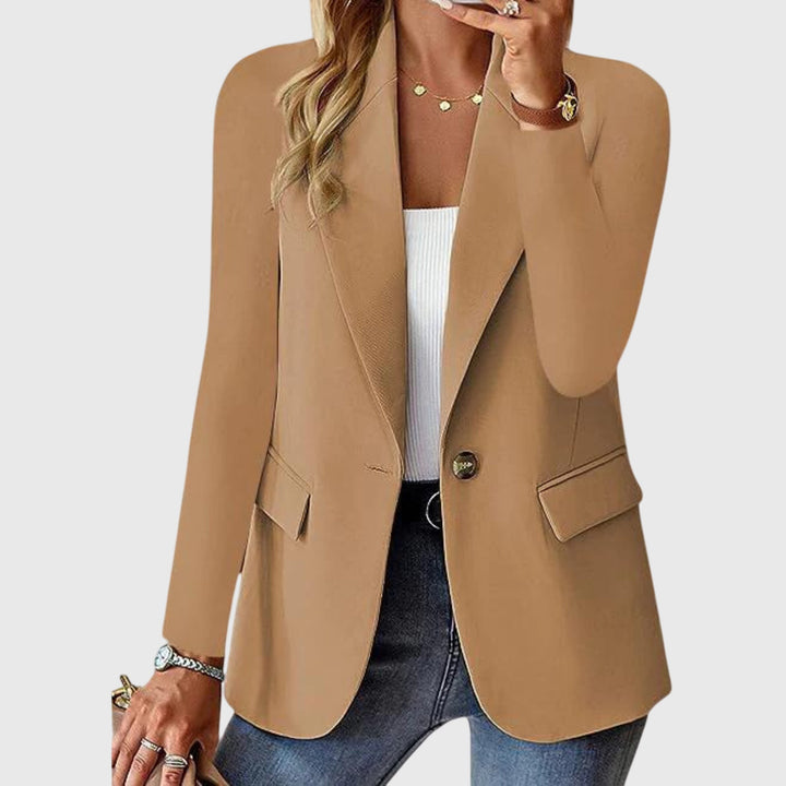 Camel single-button blazer featuring notch lapel and long tailored sleeves