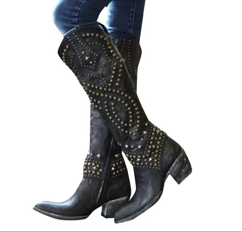 Distressed black leather knee-high boots with studded rhinestone design and block heel