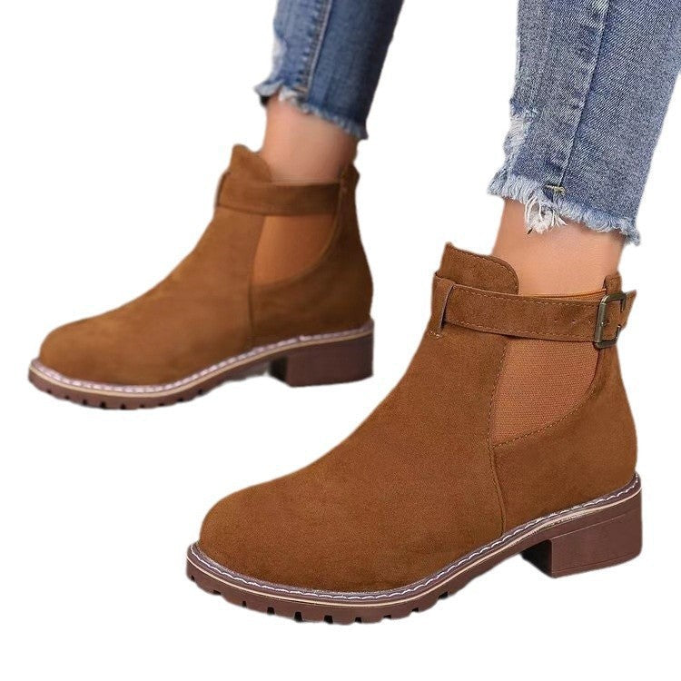 Tan suede ankle boots with elasticated gusset and stacked block heel