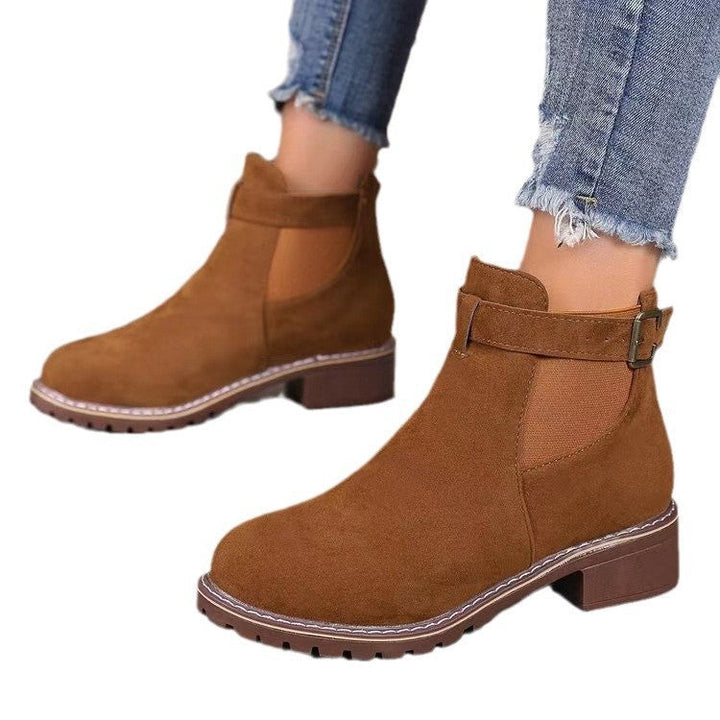 Tan suede ankle boots with elasticated gusset and stacked block heel