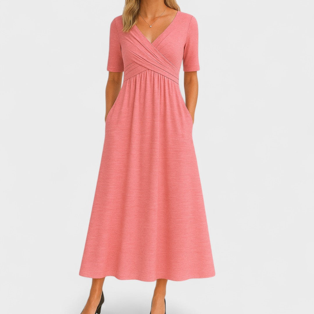 Heather pink wrap-front midi dress with V-neck and flowing A-line skirt