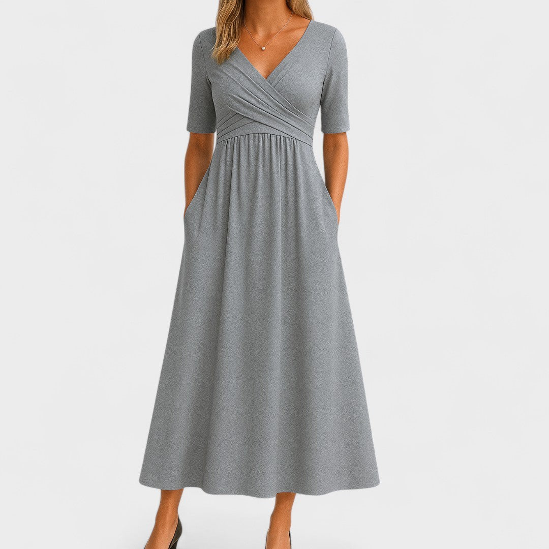 Heather gray wrap-front midi dress with short sleeves and flowy skirt
