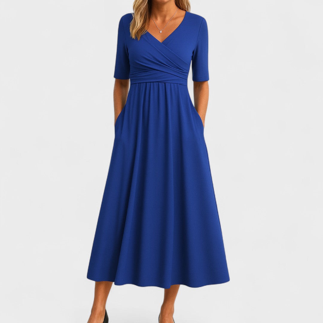 Royal blue wrap-front midi dress with short sleeves and pockets