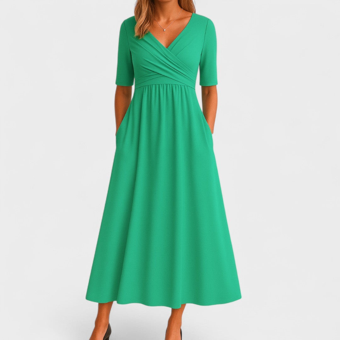 Kelly green wrap-style midi dress with fitted waist and short sleeves