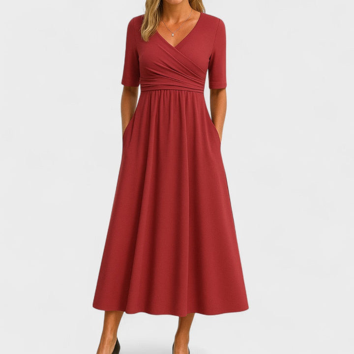 Brick red midi dress with wrap neckline and flowing A-line skirt