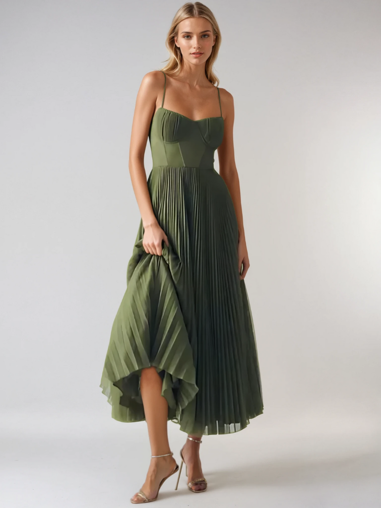 Model wearing olive pleated maxi dress with high-low hem and thin straps