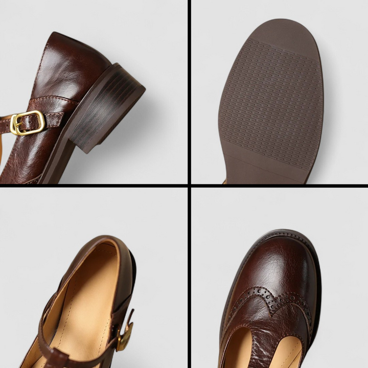 Close-up details of brown leather Mary Jane shoe heel, sole, and brogue toe