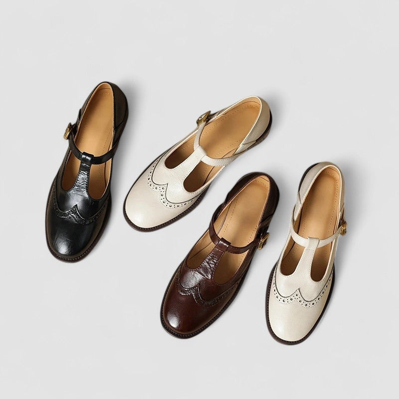 Four pairs of T-strap Mary Jane shoes in black, cream, and brown leather
