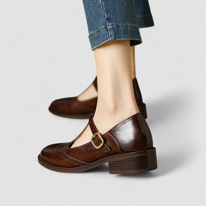 Brown leather Mary Jane shoes with T-strap buckle and stacked block heel