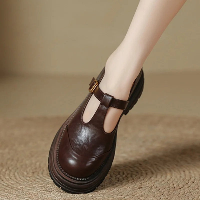 Dark brown leather T-strap Mary Jane shoe with gold buckle and platform sole