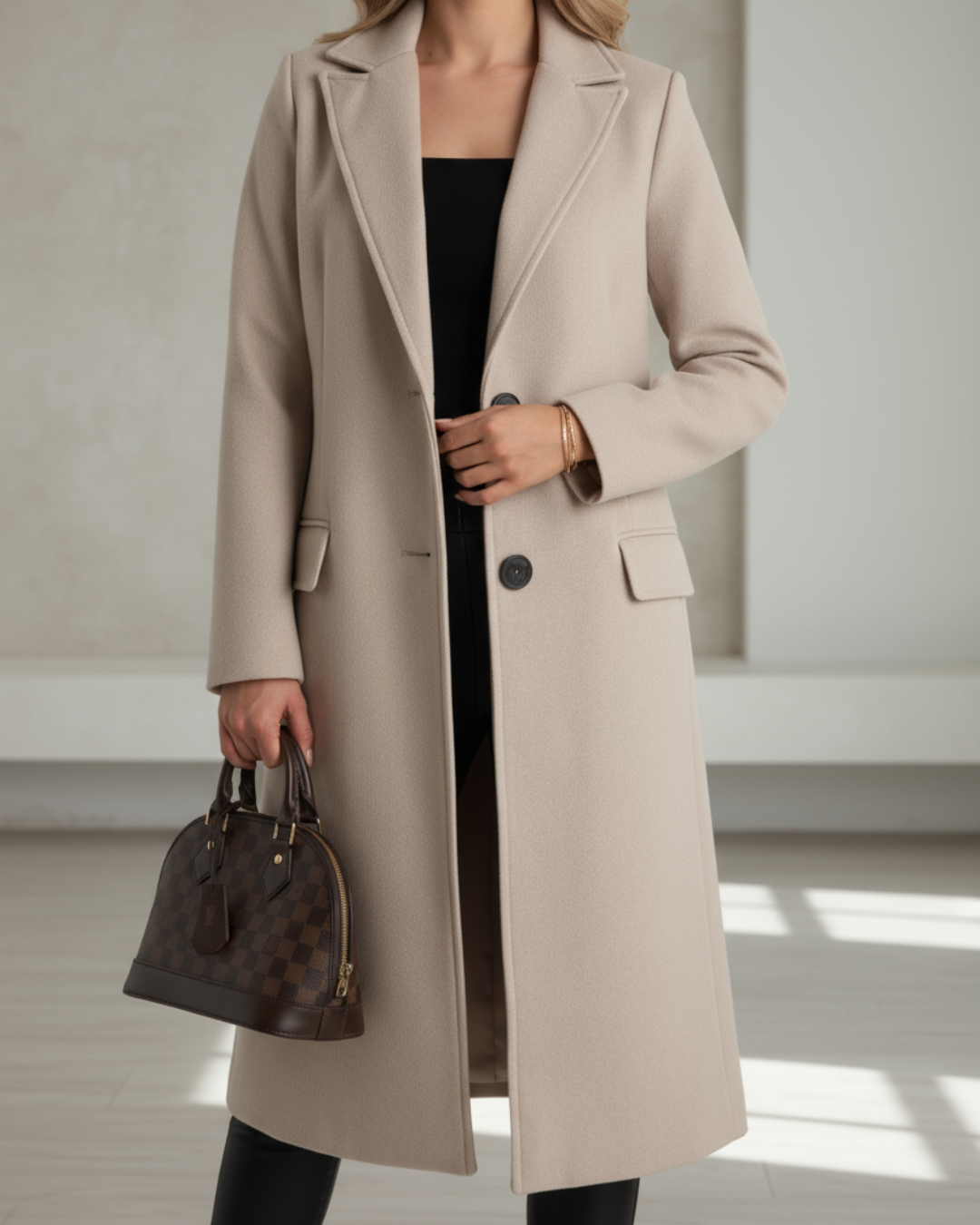 Beige longline wool coat paired with black turtleneck and leather pants