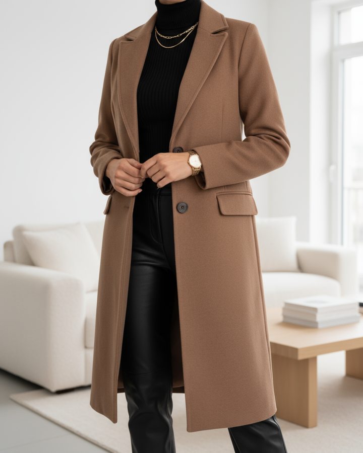 Camel longline coat worn open over black turtleneck and leather leggings