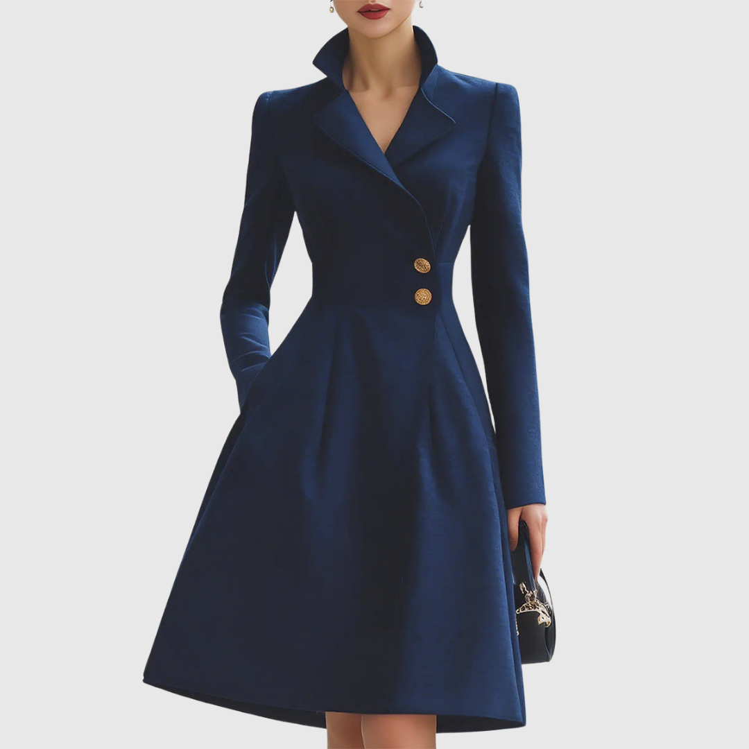 navy tailored coat dress with gold buttons and flared skirt, front view