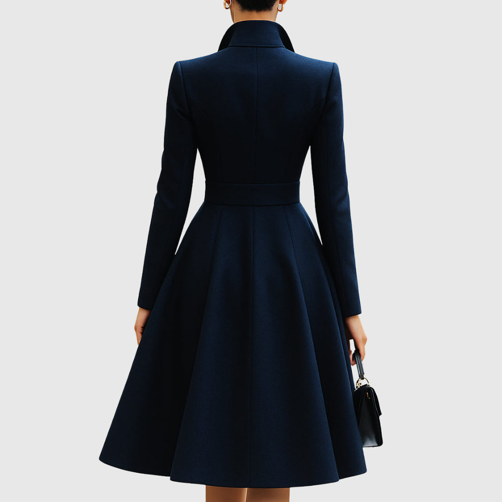 navy fit-and-flare coat dress showing back seam detail and belted waist