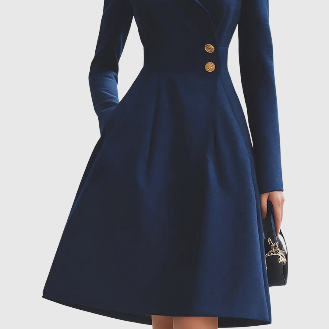 navy coat dress waist detail with gold buttons and pleated skirt