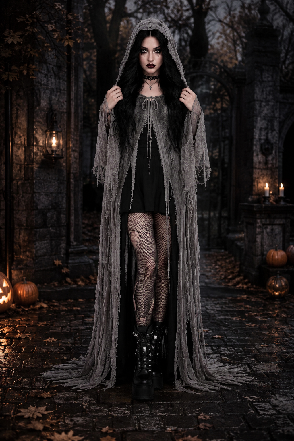 Gray tattered hooded witch cloak worn over black dress with fishnet tights