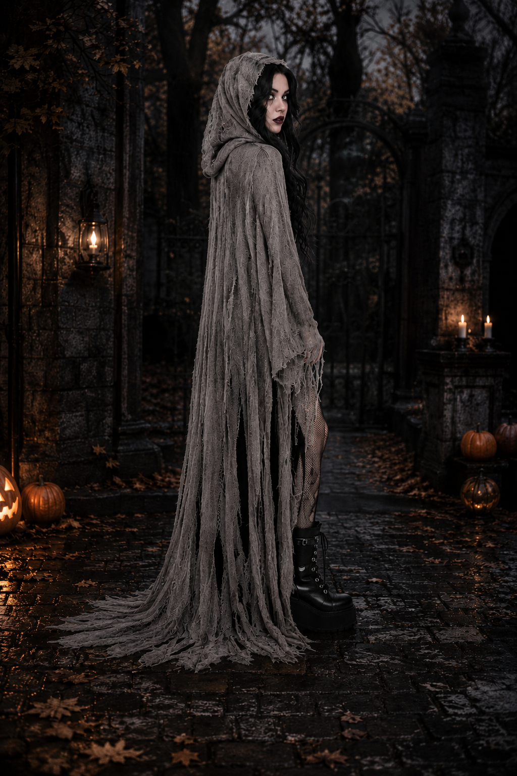 Side view of frayed gray hooded costume cloak with dramatic floor-length train