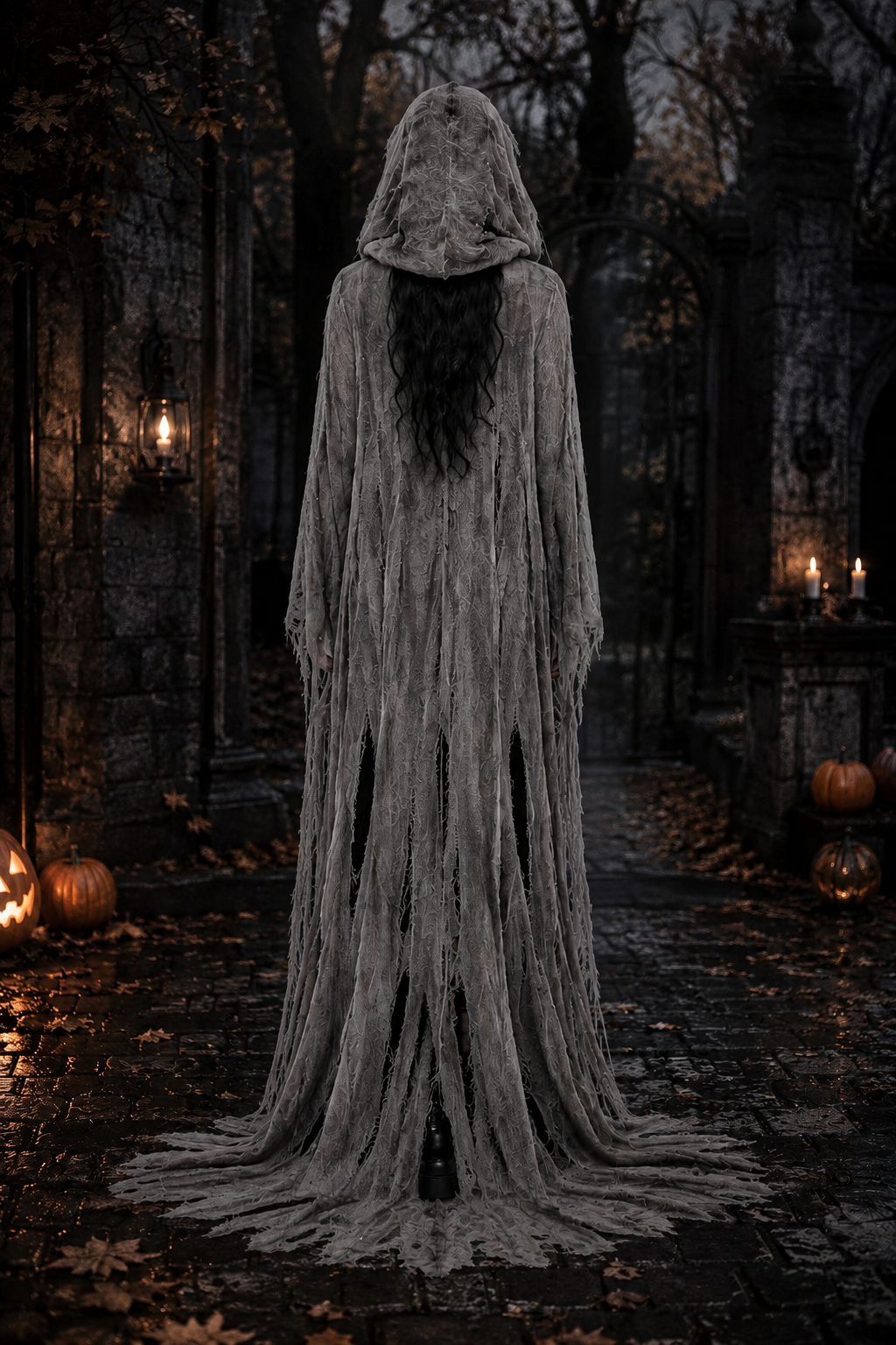 Back view of layered gray tattered witch cloak flowing over cobblestone pathway