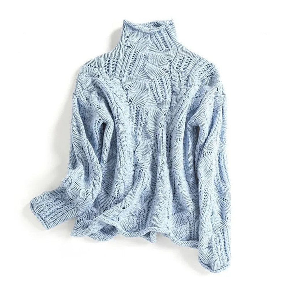 light blue cable knit turtleneck sweater with loose-fit silhouette