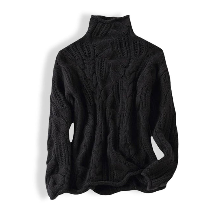 black cable knit turtleneck sweater with oversized loose fit