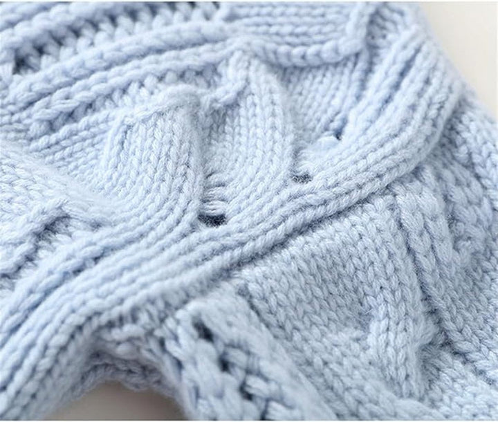 textured cable knit pattern close-up on light blue sweater