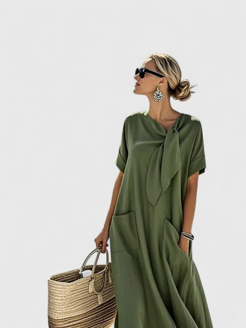 Olive green maxi dress with tie-neck detail and short cuffed sleeves