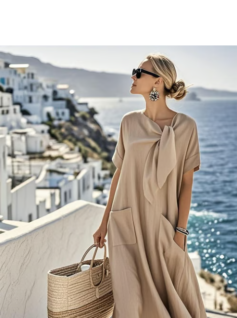 Beige tie-neck flowy maxi dress with oversized pockets and short sleeves