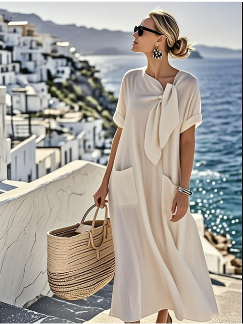 Ivory tie-neck maxi dress featuring loose silhouette and front patch pockets