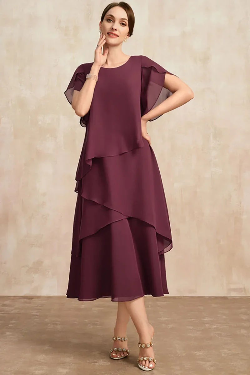 plum chiffon tiered midi dress with flutter sleeves and layered skirt